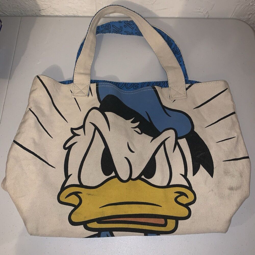 Disney Store Authentic Donald Duck Happy Angry Canvas Tote Bag Purse 13"x19"